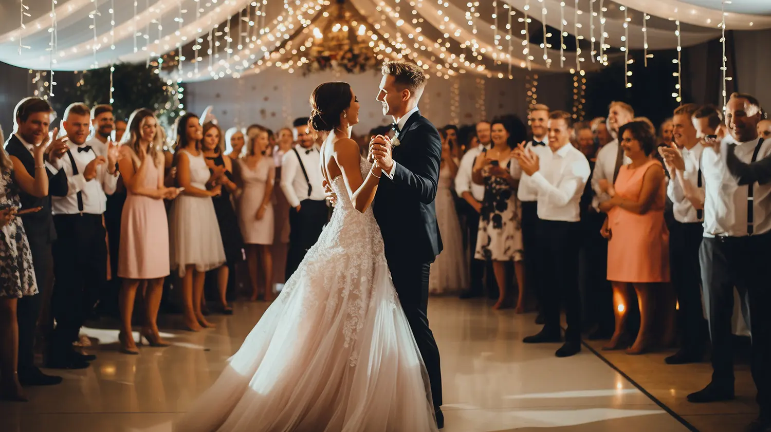 Brautpaar tanzt zu toller Hochzeitsmusik mit klatschenden Gästen im Hintergrund