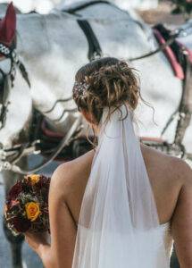 Braut mit Schleier vor weißem Pferd Schimmel