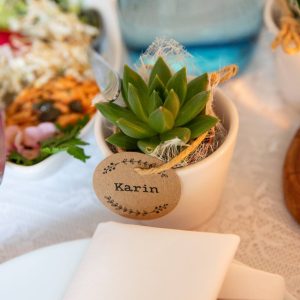 Sukkulente mit Namenskärtchen im Topf als Gastgeschenk für Hochzeitsgäste